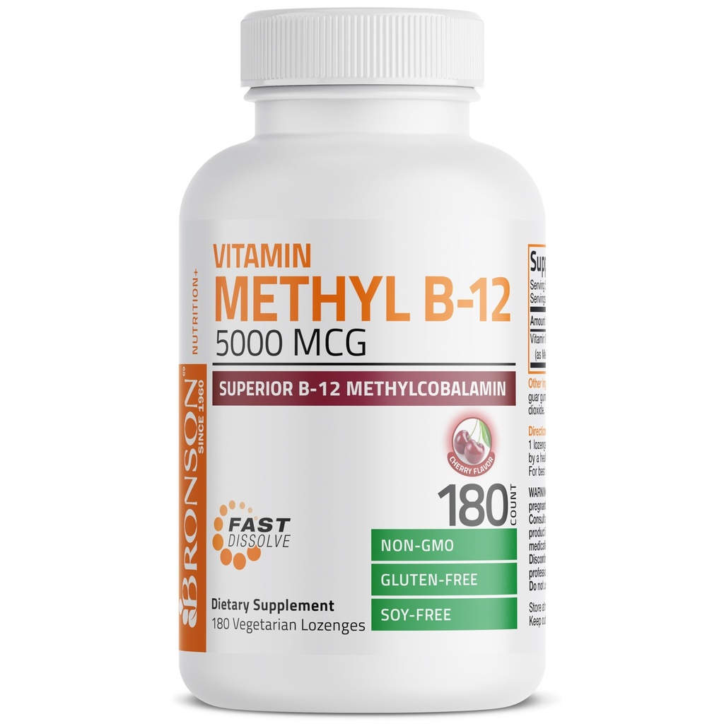 Bronson Methyl B12 5000 mcg Vitamina B12 Methylcobalamin Energy & Brain Support, 180 Lozenges