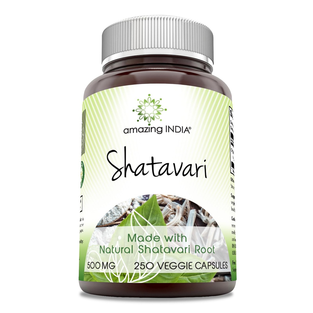 Incredibile India naturale Shatavari 500 Mg per porzione 250 capsule vegetali supplemento | Non OGM | senza glutine