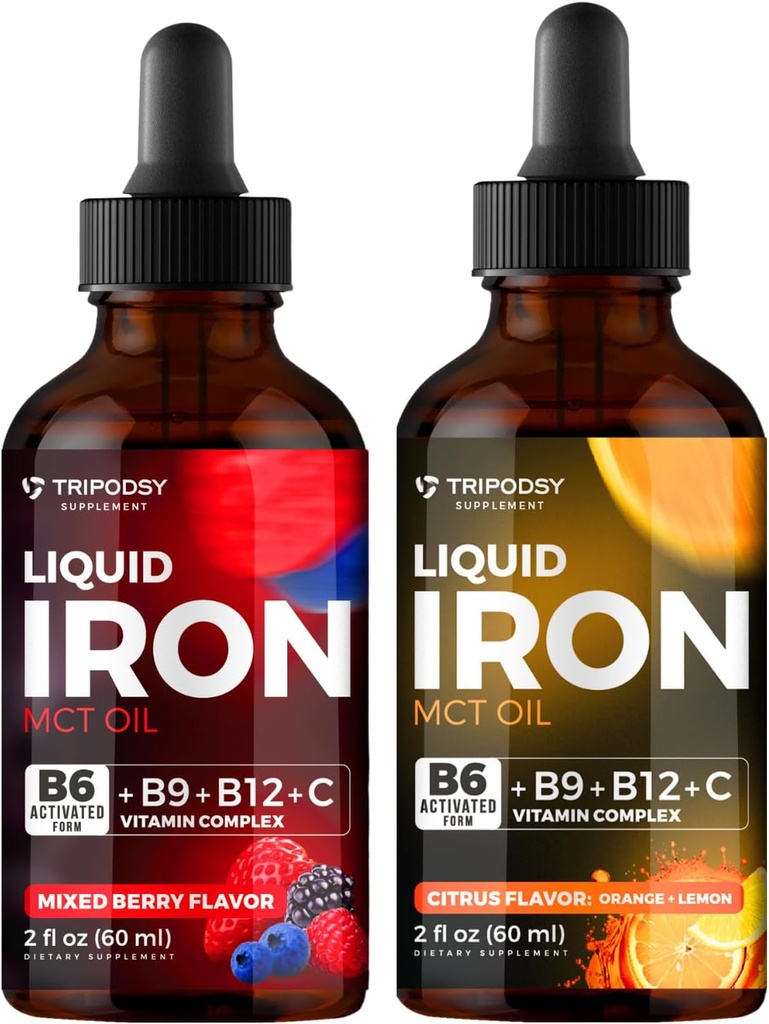 Supplemento di ferro liquido, gocce di ferro, donne e uomini, B6, B9, B12, vitamina C, Anemia, Costruttore di sangue, Folate, globuli rossi, supporto immunitario, olio MCT, agrumi, bacche miste
