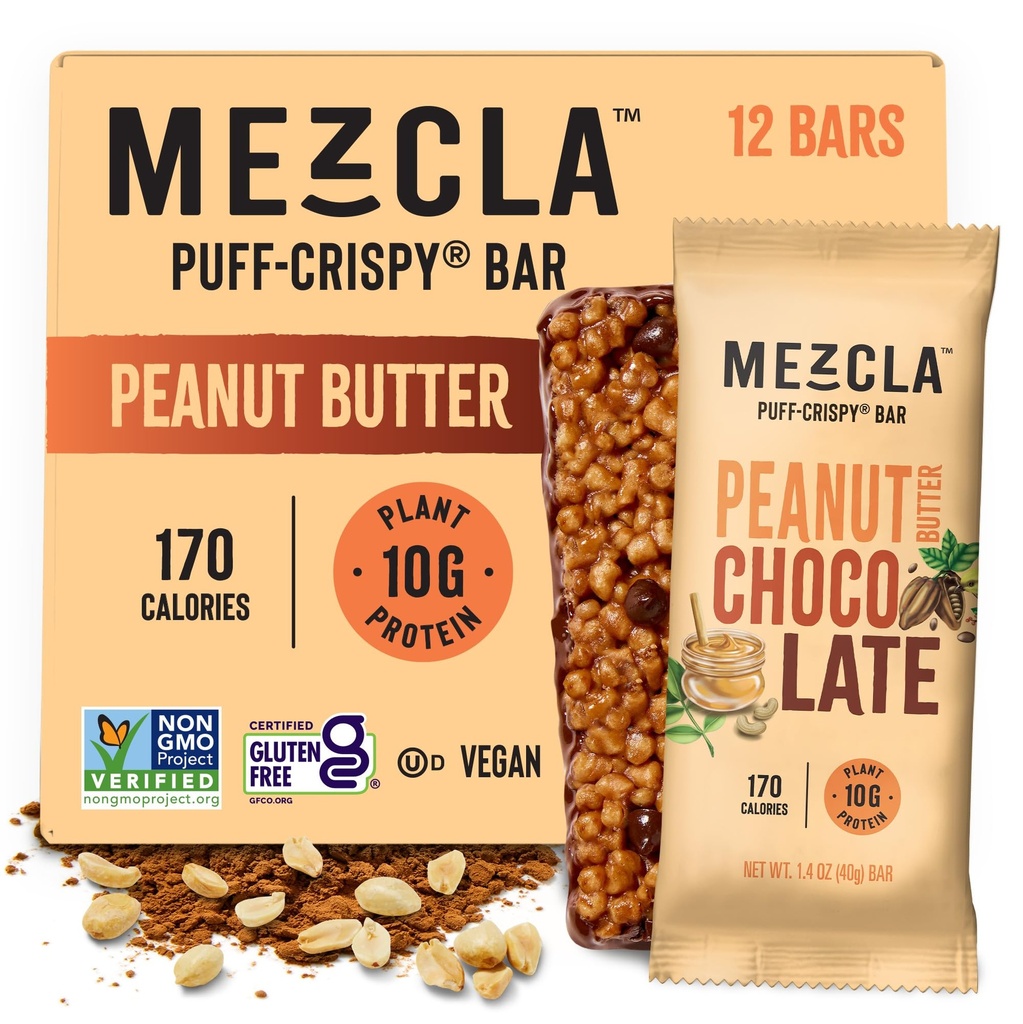 Mezcla Puff Crispy Protein Bars, Gluten Free & Vegan Protein Bars, 10g Protein, Alt for Crispy Rice Treat, Granola Bars & Breakfast Bars, Snacks sani per adulti, Cioccolato di burro di arachidi, 12 Pack