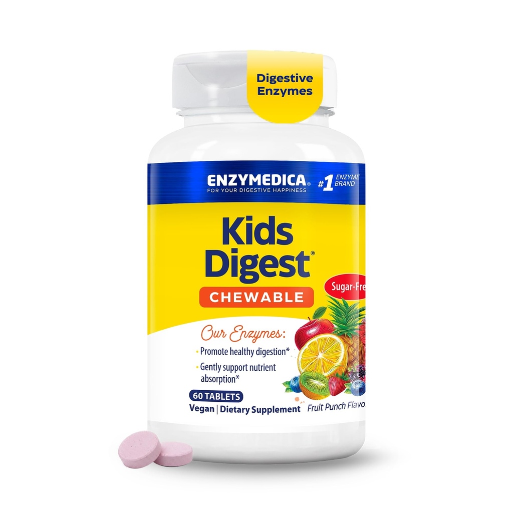 Enzymedica Kids Digest, Chewable Digestive Enzymes, Natural Fruit Punch Flavor, 60 Serve