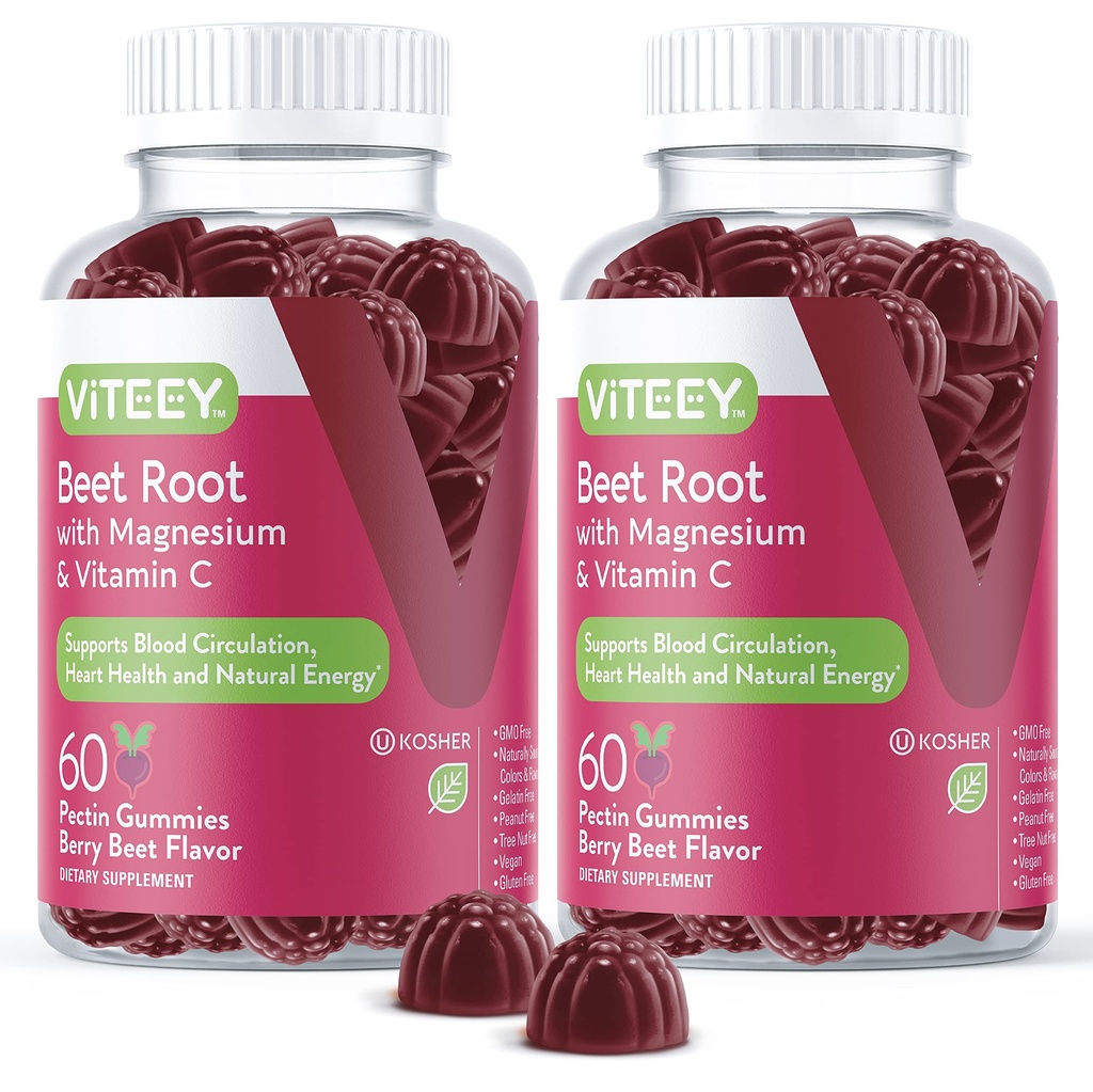 Viteey barbabietola Root Gummies con Magnesio & Vitamina C - Supplemento di barbabietola per la salute del cuore, supporto di pressione sanguigna - Vegan, senza glutine - 120 Conte