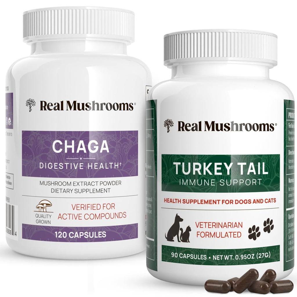 Real Mushrooms Chaga for Humans (120ct) & Turkey Tail for Pets (90ct) - Bundle for Digestive Health and Immunity - Vegan, Non OGM, Grain-Free, Gluten-Free Mushroom Extract Capsules