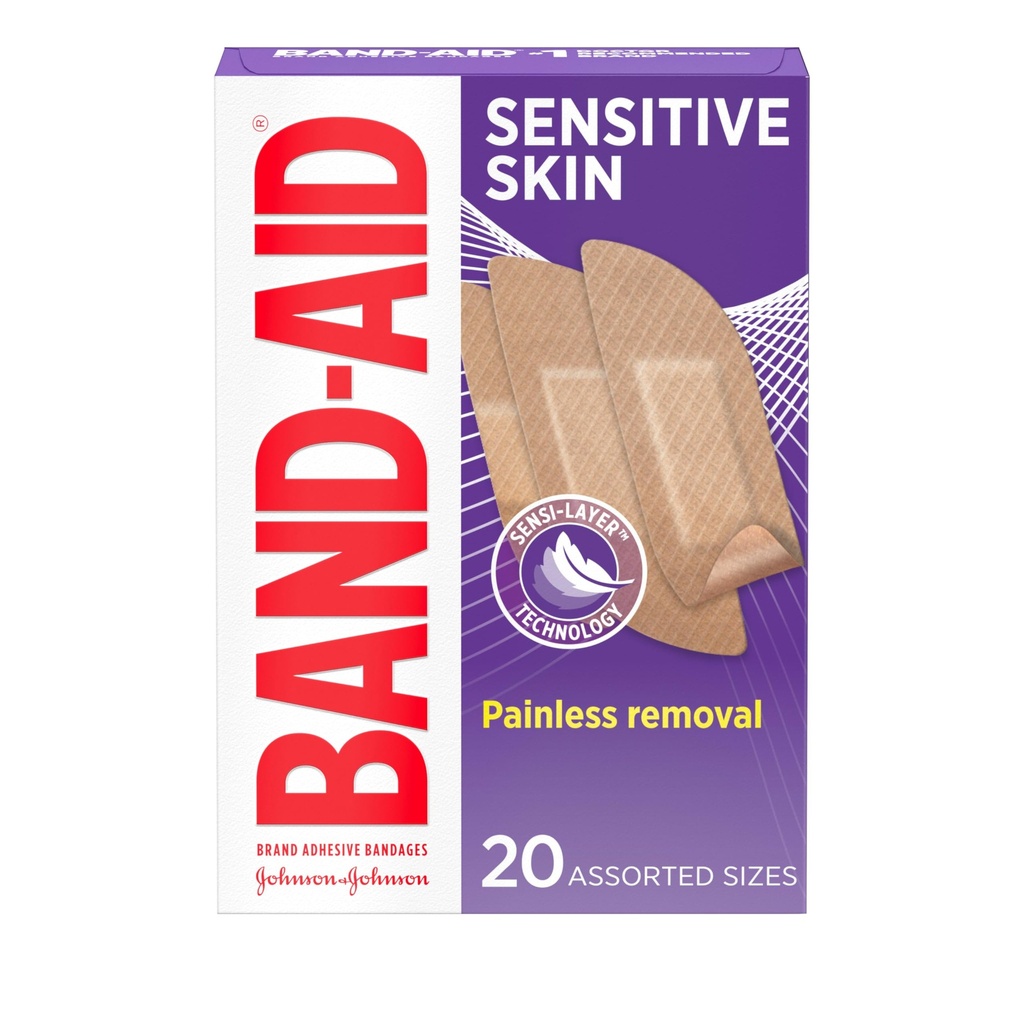 Band-Aid Brand Ahesive Bandages per pelle sensibile, soluzioni anallergiche di primo soccorso con rimozione senza dolore, rimane su quando Wet & Adatto per Eczema Prone Skin, sterili, assortiti, 20 ct