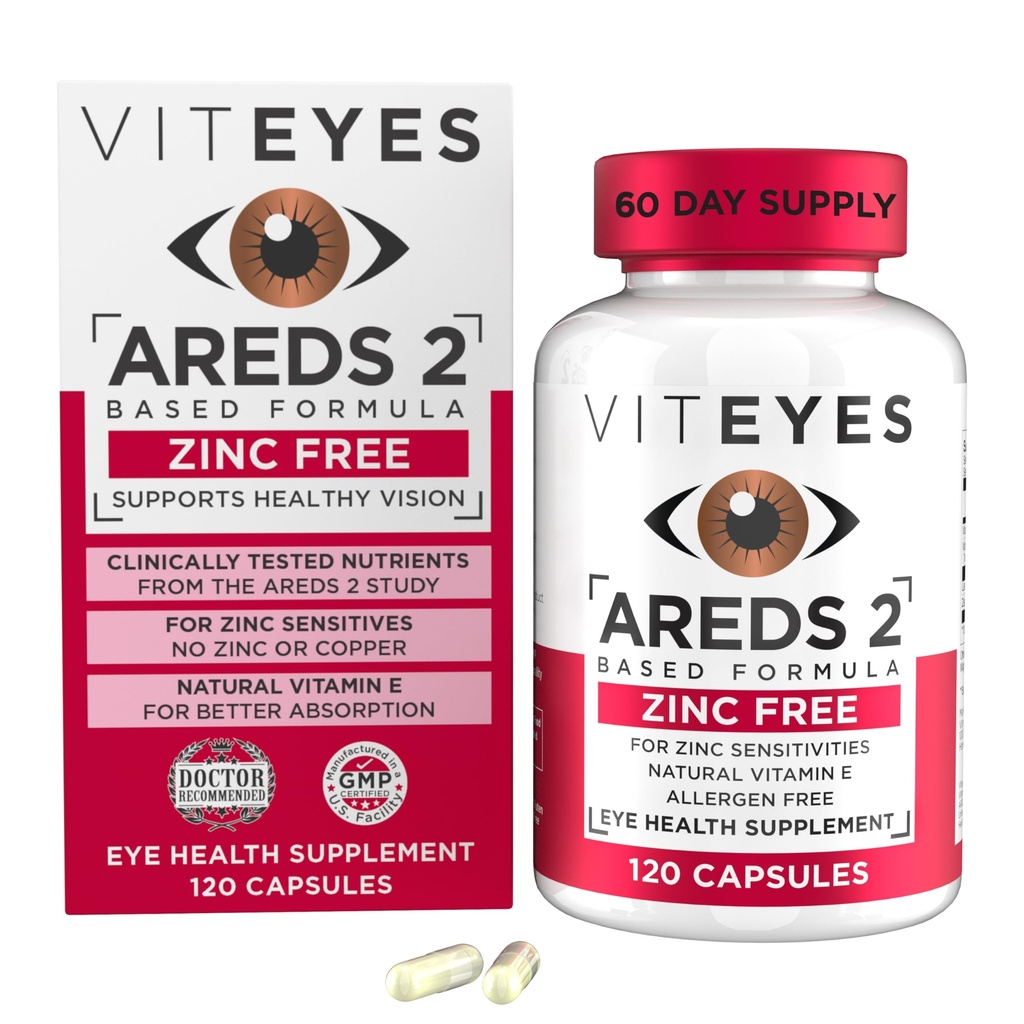 Viteyes AREDS 2 Supporto Maculare senza zinco, Capsule naturali senza allergeni con vitamina E, vitamina C, Lutein & Zeaxanthin, No Zinc, No Rame, Eye Doctor Trusted, Prodotto negli Stati Uniti, 120 Ct