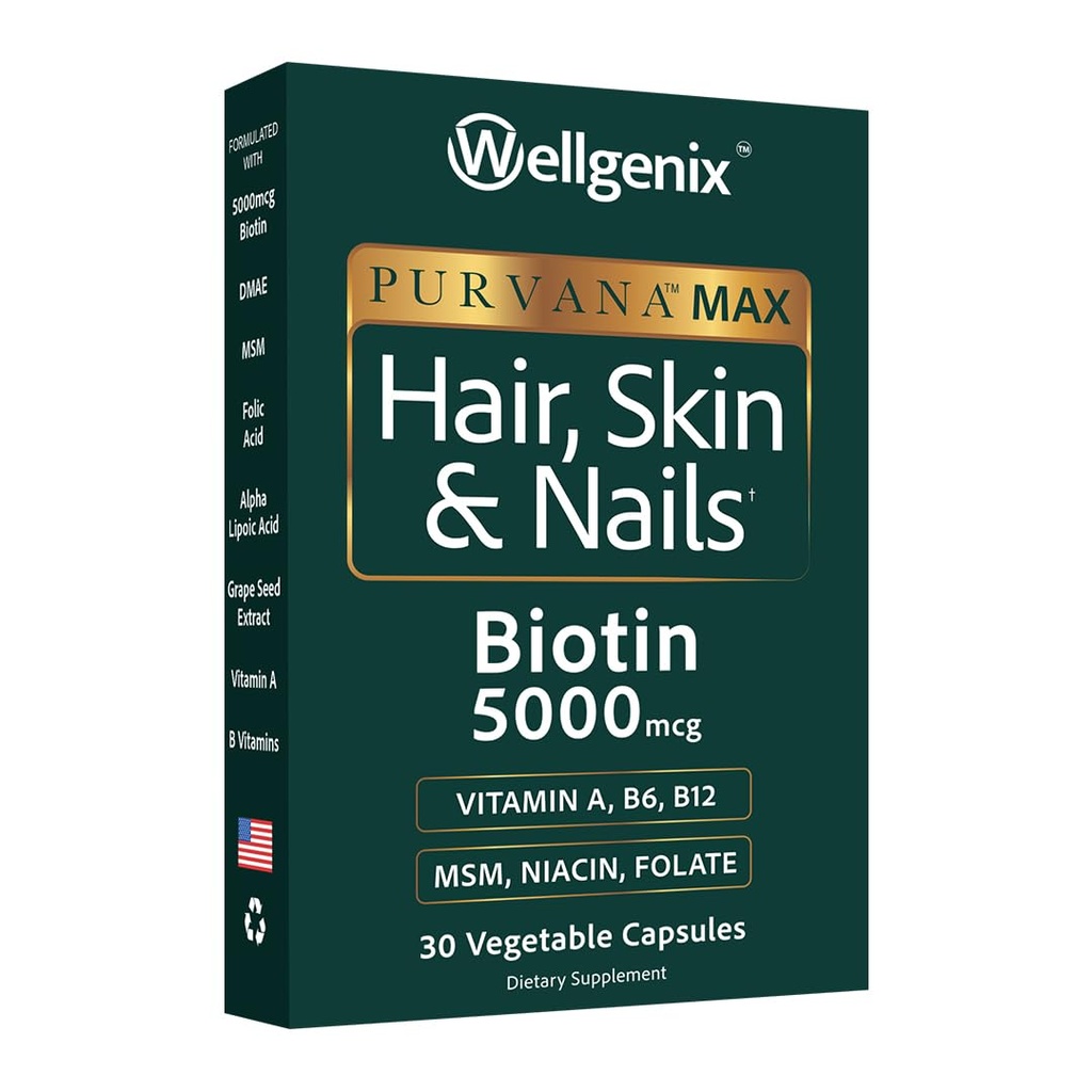 Wellgenix Purvana MAX Hair Skin and Nails Supplement – 5000mcg Biotin with MSM & B-Complex – Support for Thicker Hair, Stronger Nails & Glowing Skin – 30 Veggie Capsules