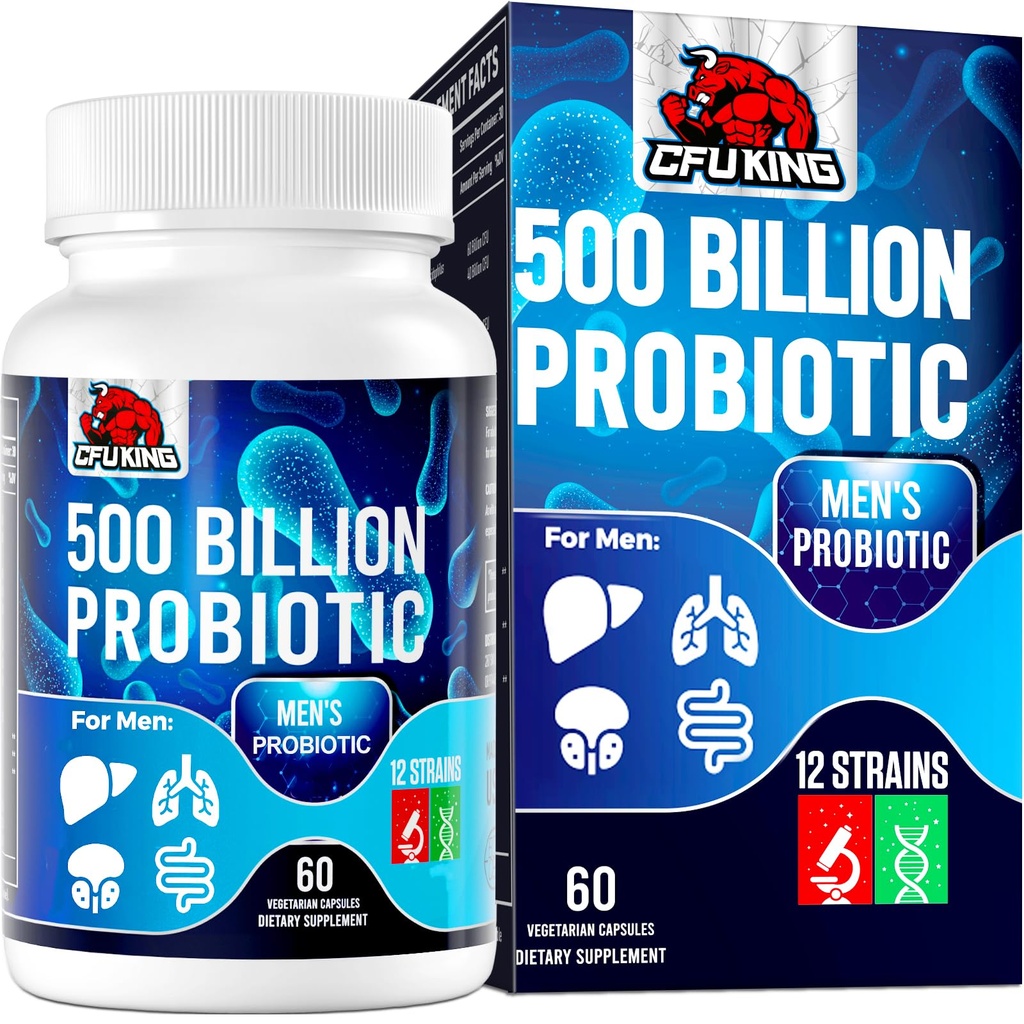 Probiotici per gli uomini, 500 miliardi di CFU & 12 Probiotici per la salute digestiva + 4 fibre prebiotiche organiche, per Digestivo, Gut, Salute Immune, Bloating, Gas, Supporto per l'energia, Stabile per scaffali - 60 capsule