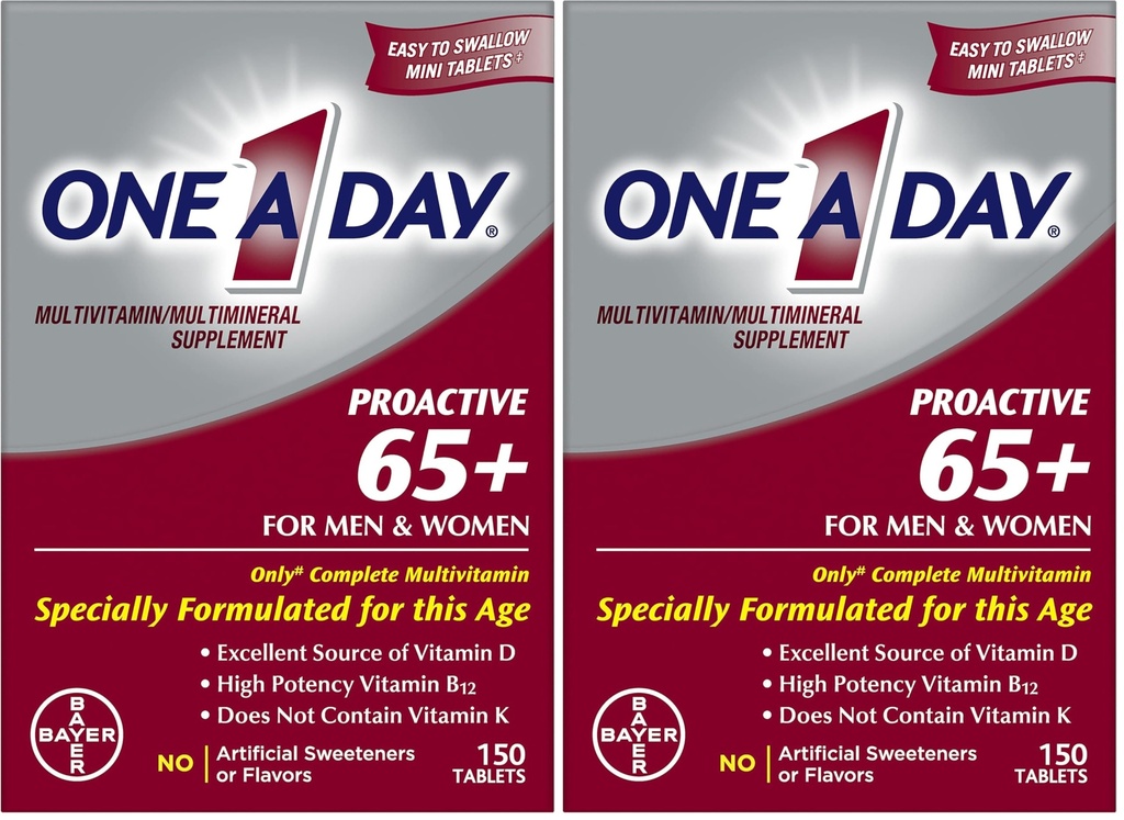 UNO A GIORNO Proattivo 65+, Mens & Womens Multivitamin, Supplemento con vitamina A, vitamina C, vitamina D e zinco per il supporto della salute immunitaria*, calcio, acido folico & di più, Tablet 150 conteggio (pacchetto di 2)