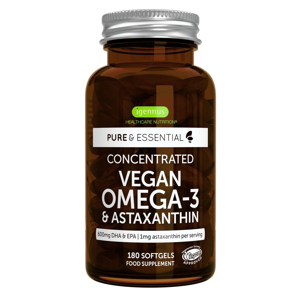 Igennus Vegan Omega-3 Natural Triglyceride Algae Oil, DHA & EPA Fatty Acid Supplement, 180 Small Softgels con Astaxanthin, Easy-to-Swallow, Pure & Sustainable, 90 Serve
