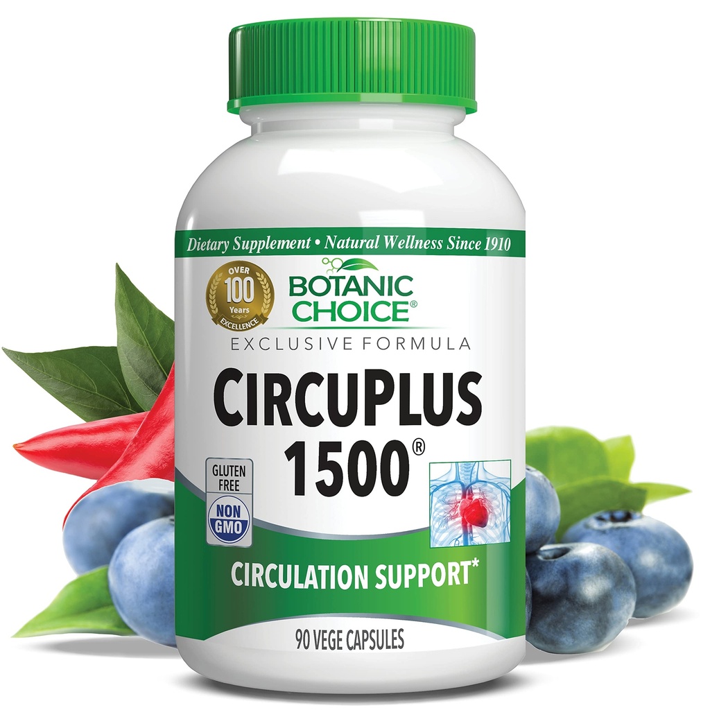 Botanic Choice CircuPlus 1500 - Heart Health & Circulation and Vein Support Supplement - Vitamina B1, Pepe di Cayenne, Hawthorn, Ginkgo Biloba per Adulti Uomini & Donne (90 capsule)