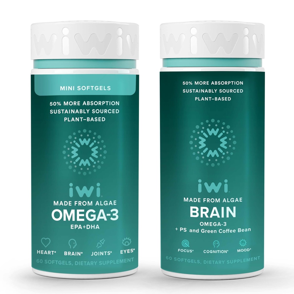 Iwi Omega-3 Minis & Brain Omega-3 Bundle, 30 Servings, Vegan Algae pianta-Based Omega 3 con EPA + DHA, Krill & Fish Oil Alternative, No Fishy Aftertaste