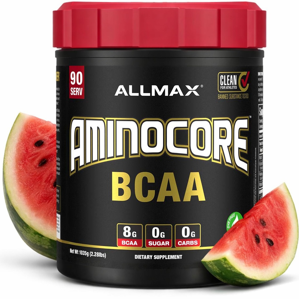 ALLMAX Nutrition AMINOCORE BCAA Powder, 8.18 Grammi di aminoacidi, Intra e Post Workout Recovery Drink, Gluten Free, Watermelon, 945 g