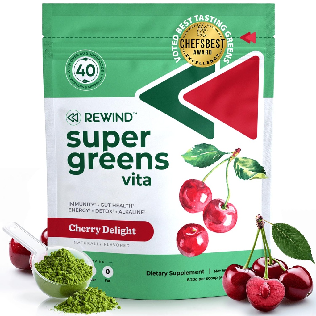 Polvere Super Greens Degustazione con 40+ Superfoods – Deliziosa polvere verde giornaliera con vitamina B12, Zinco, Vitamina C, Magnesio e Calcio – Miscela Superfood di Succo Verde - Aroma di Ciliegia