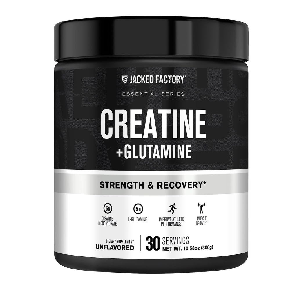 Creatina di fabbrica Jacked + Glutamina - Integratore di creatina con L-Glutamina per il recupero del muscolo, la crescita del muscolo, la forza aumentata, l'uscita di energia migliorata e la salute del fegato - 30 Serve, non aromatizzato