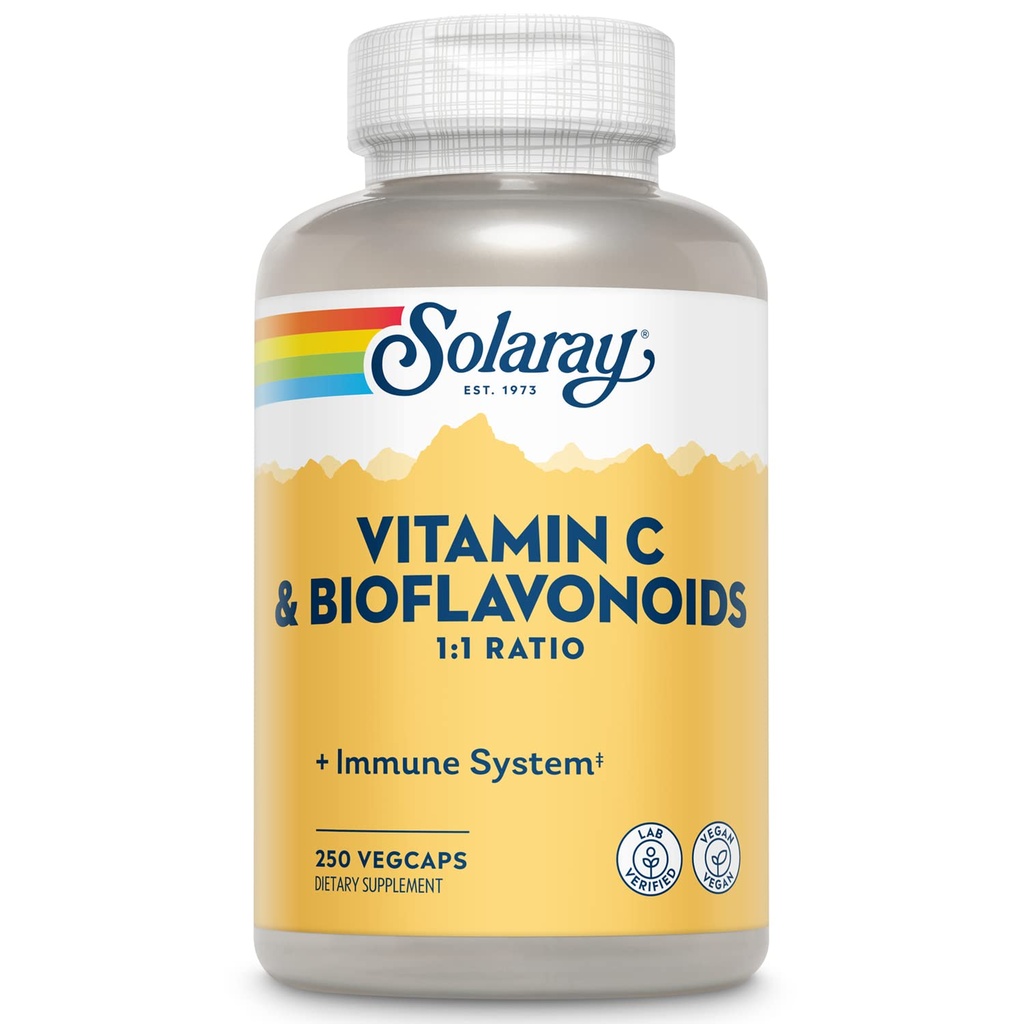 SOLARAY Vitamina C 500mg con Citrus Bioflavonoidi, 1:1 Ratio - Antiossidante e Integratore di Supporto Immune - Vitamina C con Rose HIPS e Acerola, Vegan, Garanzia di 60 giorni, 125 Serve, 250 VegCaps