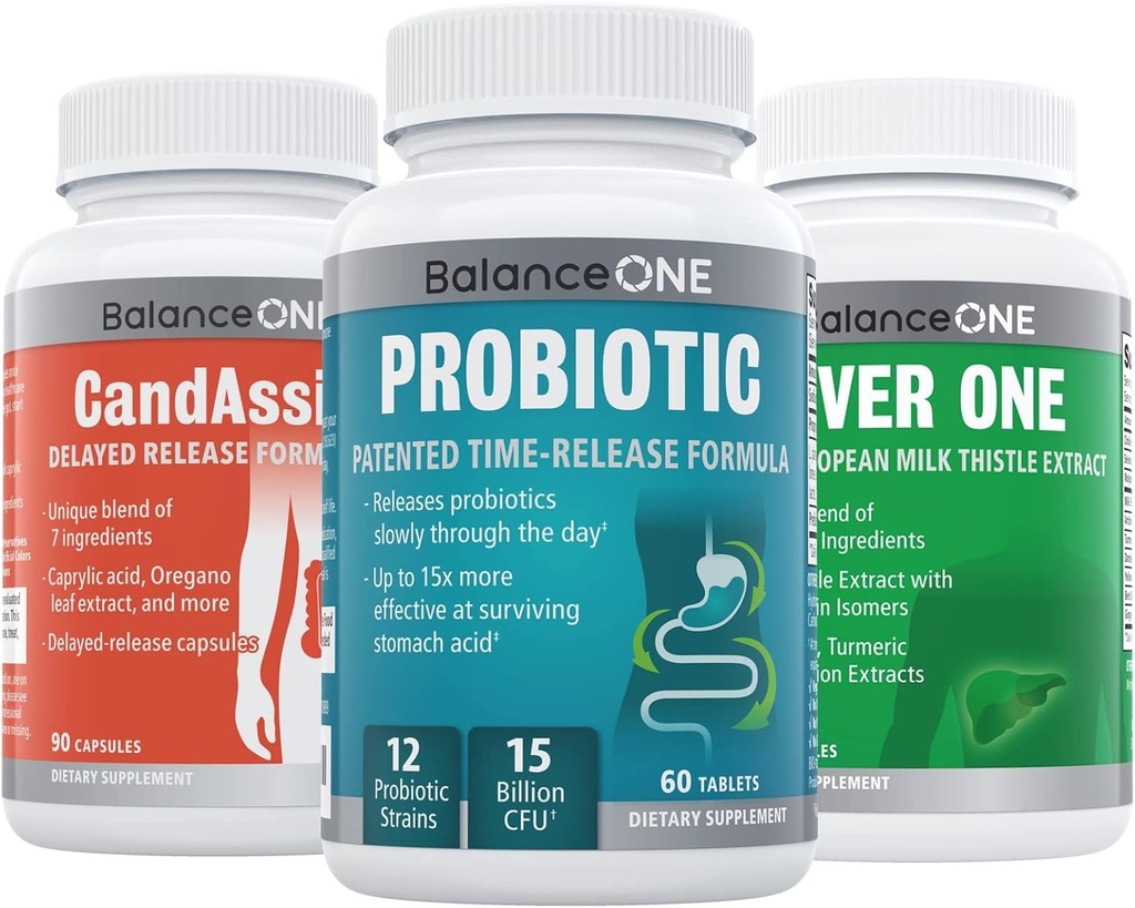 Balance ONE 3 Month Kit | Probiotic, CandAssist, Liver One | 15 miliardi di CFU Probiotico | Cleanse naturale con acido caprilico | supporto al fegato con cardo al latte