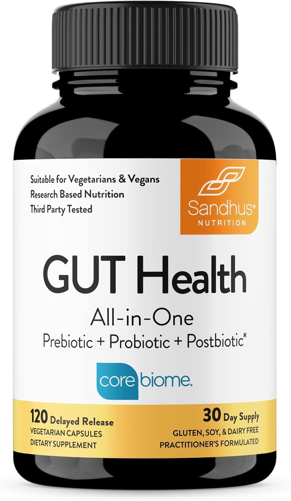 Sandhu's Gut Health - Prebiotici, Probiotici, Postbiotici & L-Glutamina | Salute Digestiva, Colon, Probiotici Integratori Totali | 120 capsule di rilascio ritardate