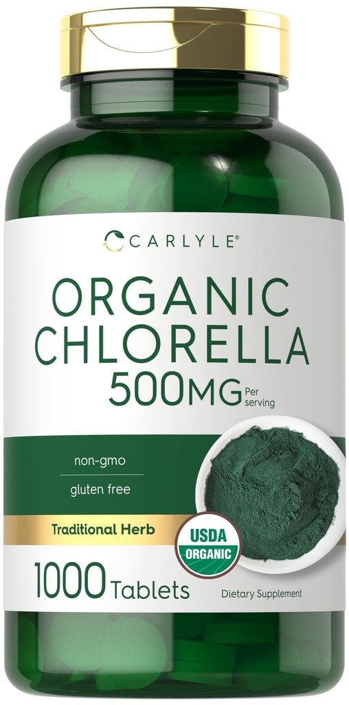 Carlyle Chlorella Tablets Organic 500 mg | 1000 Count | Vegetariano, Non OGM e Gluten Free Supplement