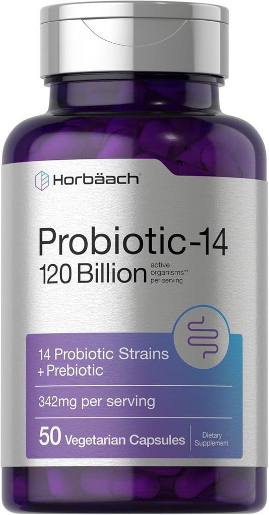Horbäach Probiotics 120 miliardi di CFU | 14 strati con prebiotici | per le donne e gli uomini | 50 capsule | Vegetariano, Non OGM & Gluten