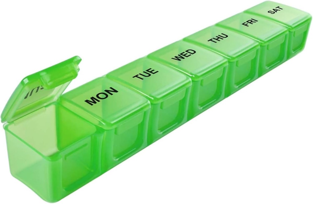 Sukuos Extra Large 7 Day Pill Organizer Facile da aprire, Weekly Pill Box Daily Medicine Case with Clear Lid, Silkscreen Stampato Vitamina Holder for Fish Oils or Supplements (Green)