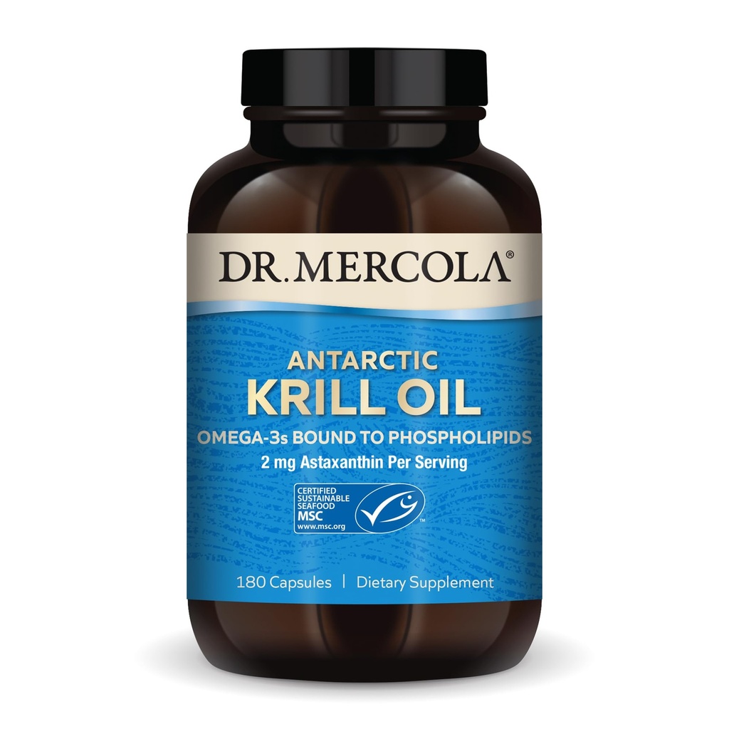 Dr. Mercola Antarctic Krill Oil - 1.000 mg - Omega-3 Supplemento con EPA & DHA - Supporta cervello, cuore, Joint & Immune Health - GMO-Free, Gluten-Free & Soy-Free - 180 capsule (90 Servings)