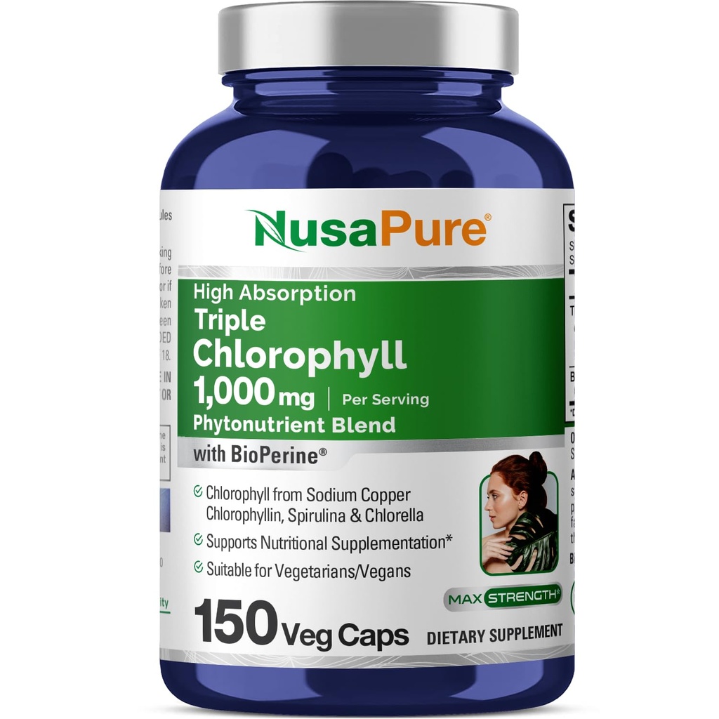 NusaPure High Absorption Triple Chlorophyll 1000 mg 150 Veg Caps adatto per vegetariani e vegani, non OGM