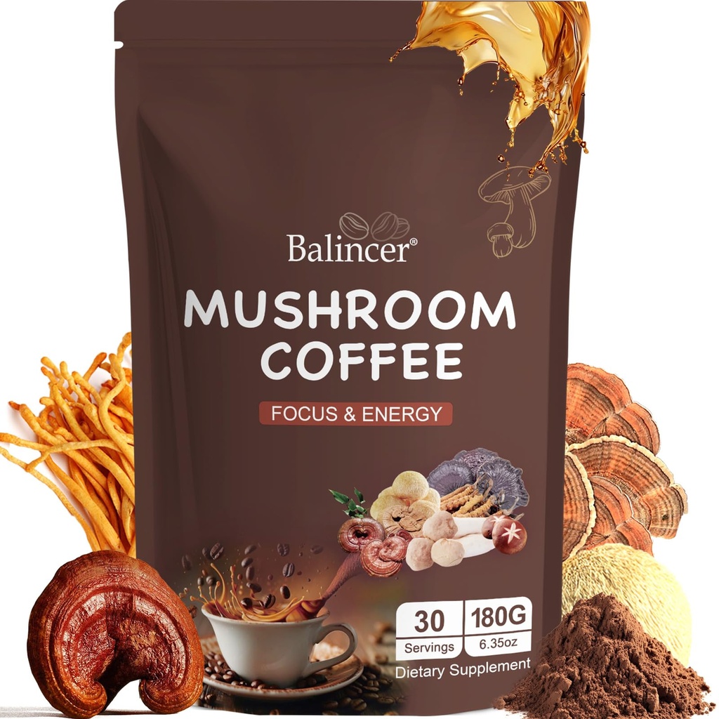 Mushroom Coffee, 6 Funghi adaptogenici (Lion's Mane, Cordyceps, Turkey Tail & Other) Mista con Premium Instant Coffee per Focus, Energy, Immune e Gut Health Support, 30 Servings