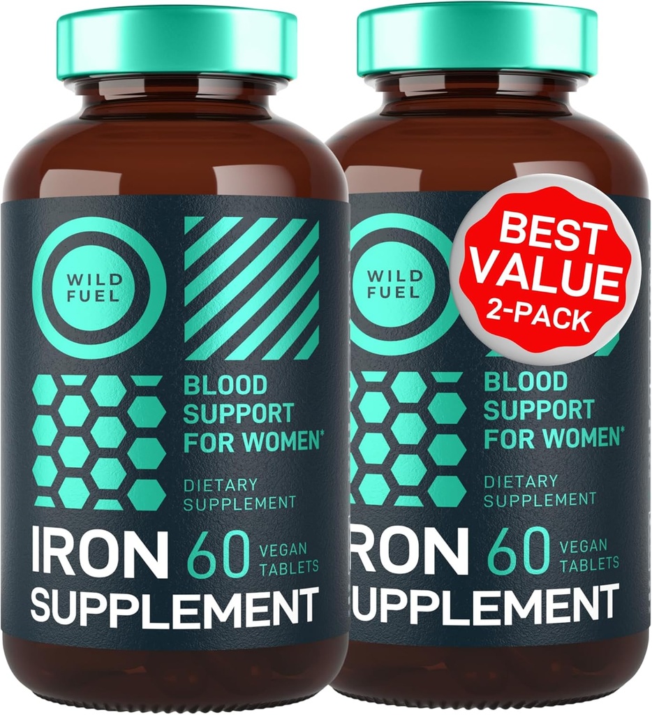 Integratore di ferro vegano per le donne con acido folico - 35 mg Costruttore di sangue Ferrous Sulfate, acido folico 400 mcg - Pillole di ferro per le donne con anemia e sostegno alla gravidanza - 120 compresse senza glutine - 2Pack