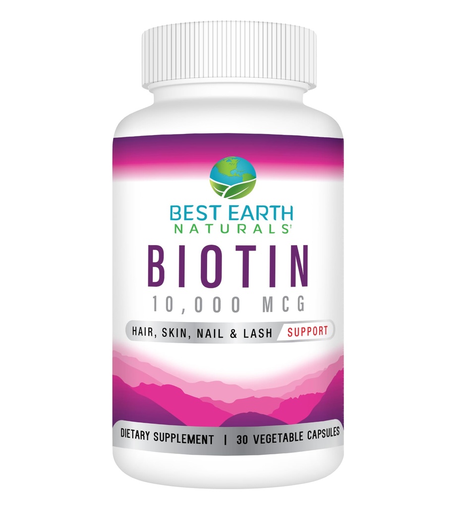 Best Earth Naturals Biotin 10.000mcg - Supplemento di vitamina Biotina ad alta resistenza per sostenere la crescita dei capelli, unghie forti, ciglia lunghe e pelle sana