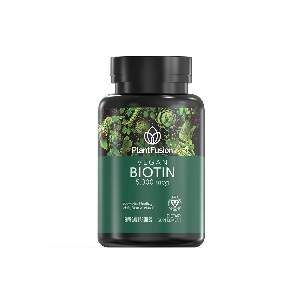 Biotina Vegana PlantFusion, Biotina Vegana Premium per Donne e Uomini (5000mcg), Pelle Naturale dei Capelli e Vitamine Unghie, 120 Capsule Vegani