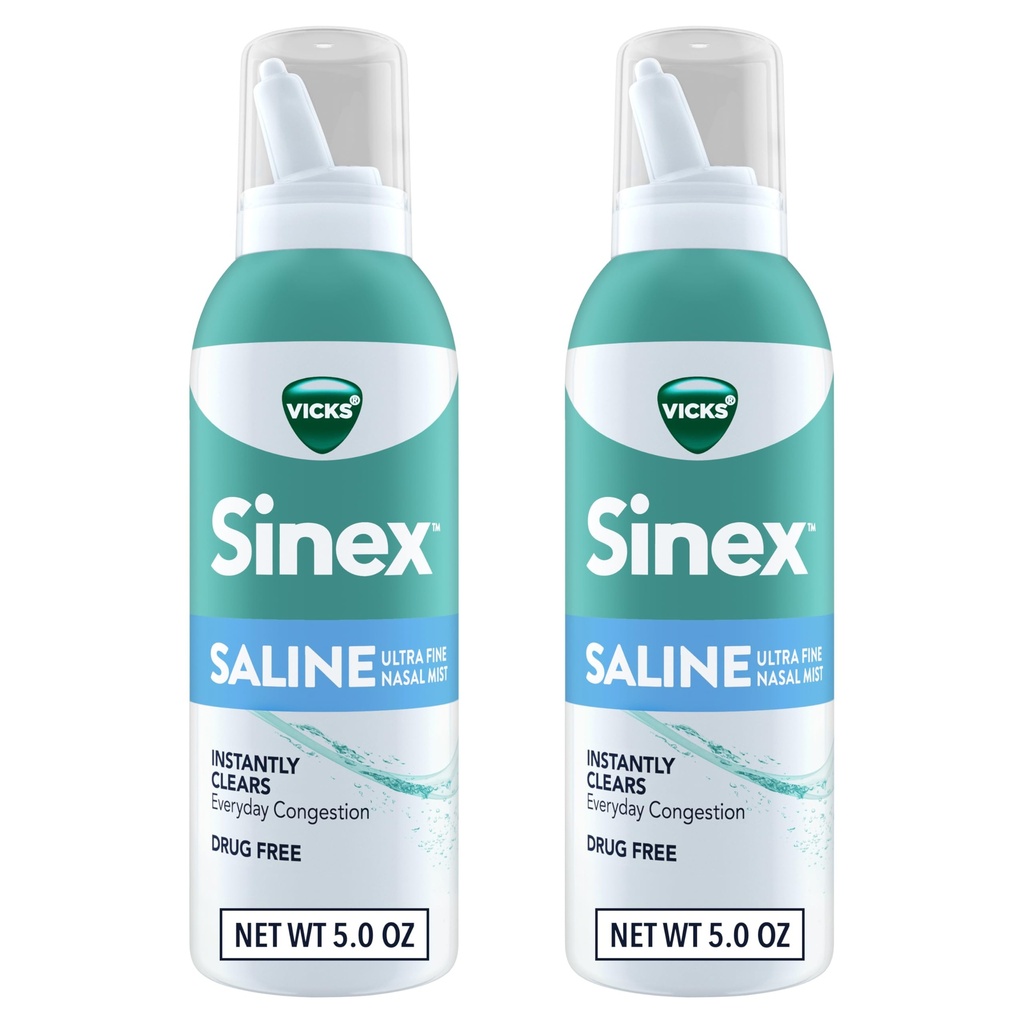 Vicks Sinex SALINE Nasal Spray, Droga Free Ultra Fine Mist, Cancella ogni giorno Sinus Congestion Veloce, Libero muco da un freddo o allergia, uso quotidiano 5.0 fl oz x 2