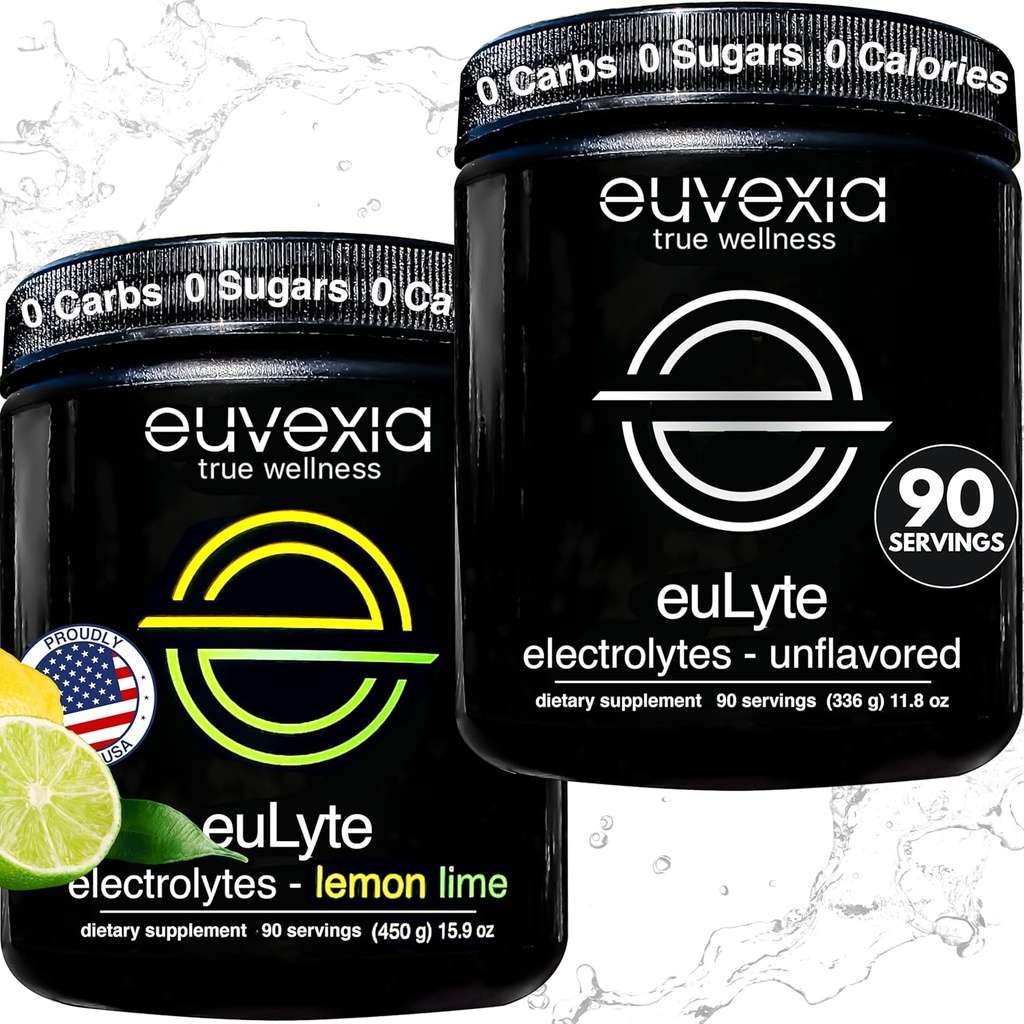 Euvexia Dr Ekberg euLyte Electrolytes Bundle | Unflavored + Lemon Lime Variety Pack | Polvere di elettrolito senza zucchero con 80+ Minerali | 90 Serve Ogni aroma | Keto Fasting Hydration Support