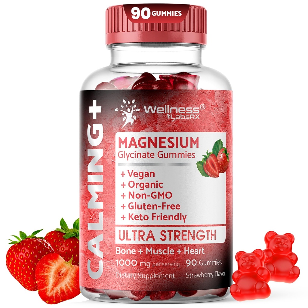 Magnesio Glycinate Gummies, 1000 mg - Magnesio Supplemento al Sostegno Rilassamento, Salute Del Cuore - Magnesio Masticabile Magnesio Gummies per Adulti, Glicinato De Magnesio - Aroma di Fragola
