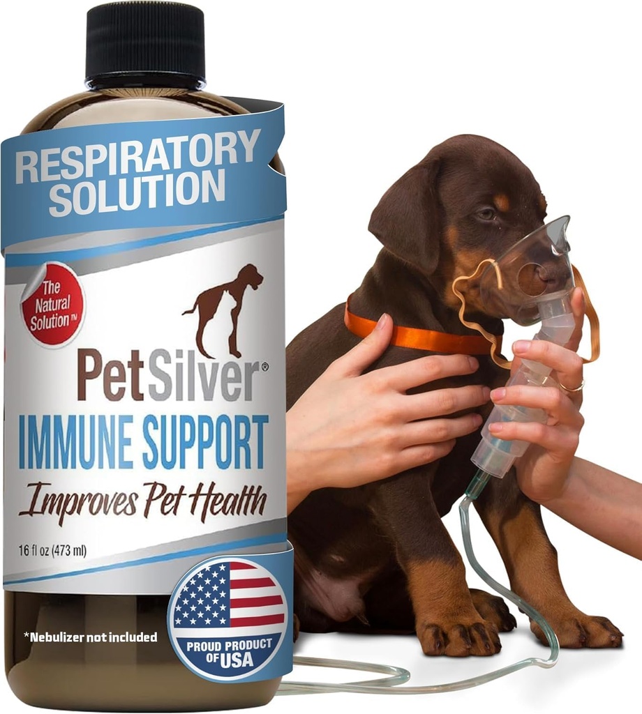 PetSilver Supporto Immune, Soluzione Nebulizzatore Naturale, Promuove la Salute Respiratoria in Gatti & Cani, Allergies, Trattamento Sinus & Cough, Facile da usare, Argento Brevettato Chelato, Made in the USA, 16 fl oz