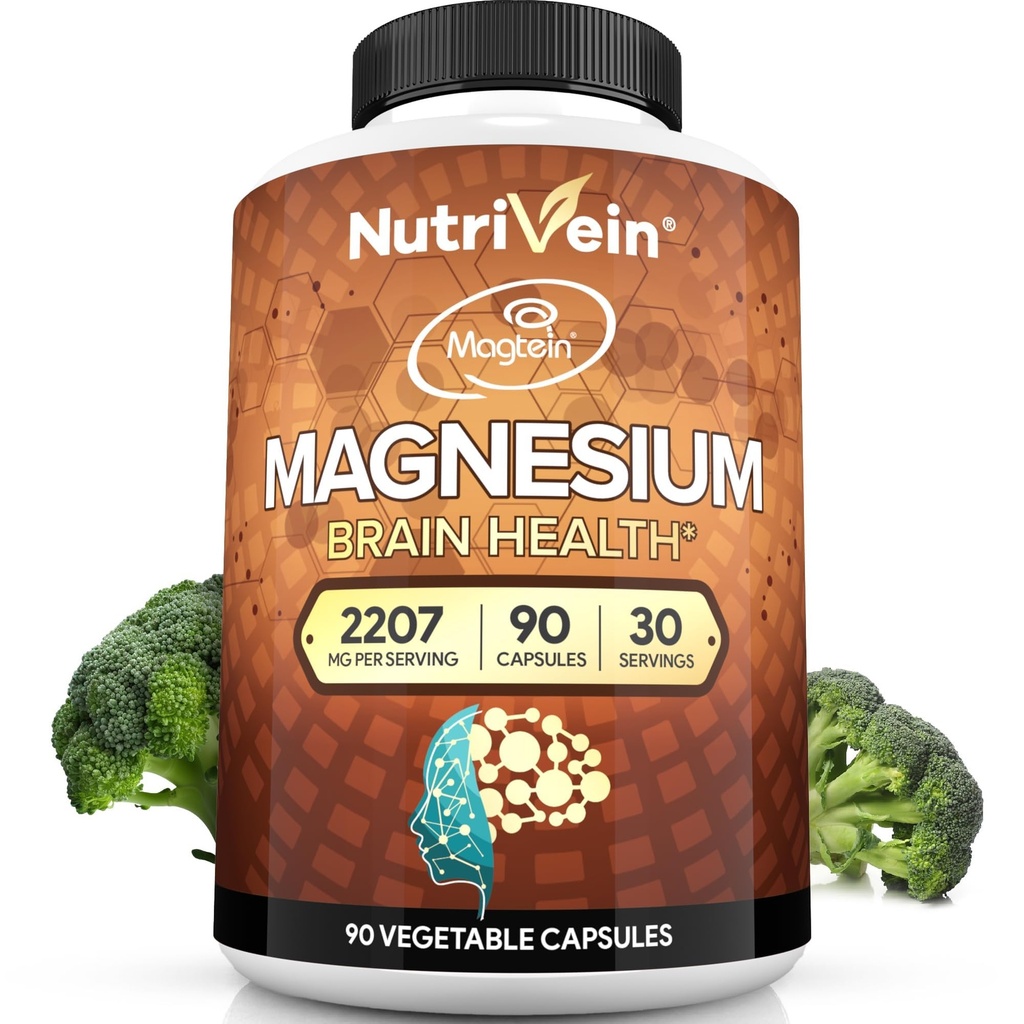 Nutrivein Premium Magtein Magnesio L-Threonate Supplemento 2207 mg - 90 Caps (3 al giorno): Threonato di Magnesio ad alto assorbimento per cervello, sonno, mood & recupero