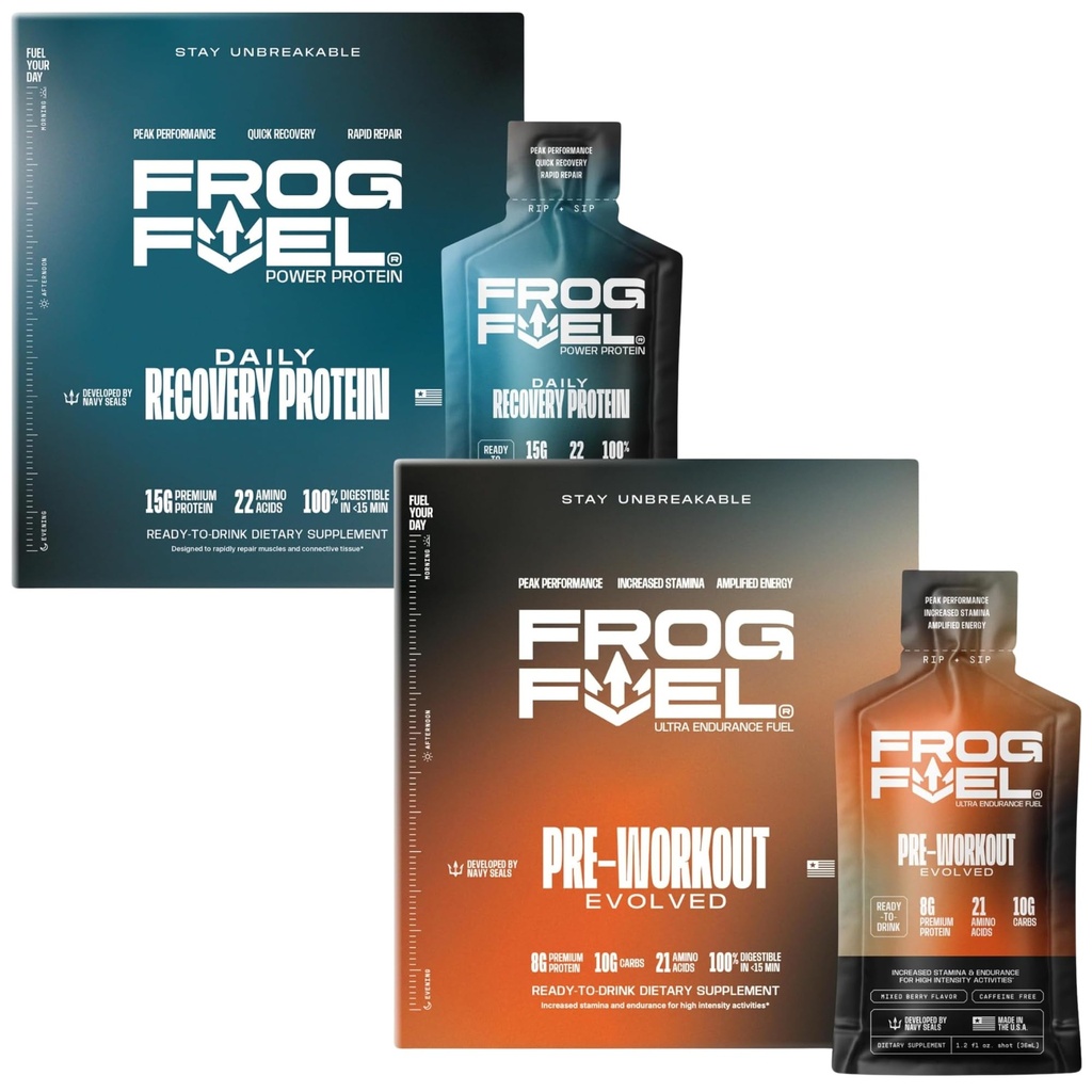 Frog Fuel Power Proteine regolari & Ultra Pre Workout Shot Bundle, 1500mg Beta Alanine, 15g Protein Nano-Hydrolyzed Grass Fed Collagen, Pre & Post Workout, 1.2 oz Packets, 48 Pack