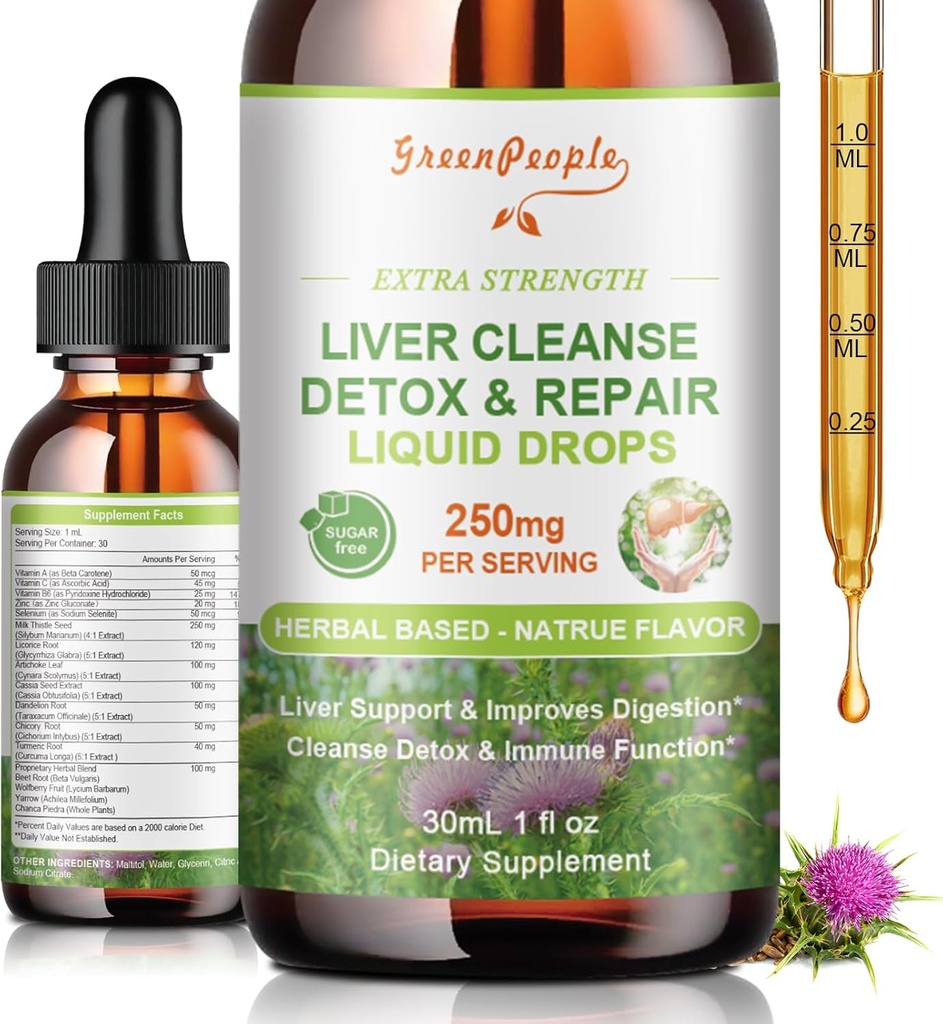 GREENPEOPLE Liver Cleanse Detox & Repair Drops - Supplemento al fegato w/Milk Thistle Silymarin, Artichoke & Dandelion per Liver Detox & Support- 16x Potent Herb-Nutrients - 1Fl Oz Natural Flavor