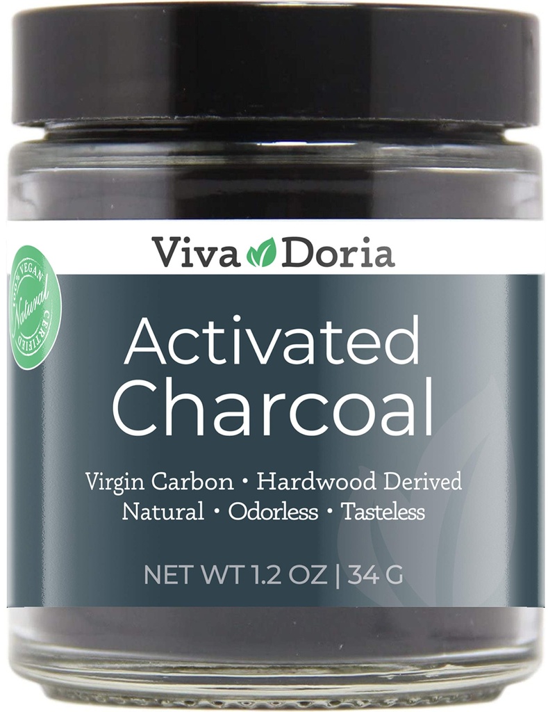 Polvere di carbone attivata di Viva Doria, Disidratato di legno, Grado alimentare, Vaso di vetro da 1,2 Oz