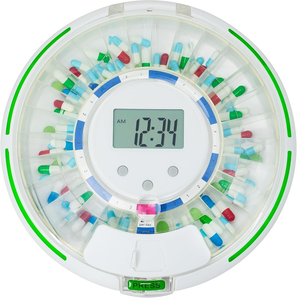 Dispenser automatico di pillole per anziani con allarme, Dispenser di farmaci da 28 giorni, 6 modelli di dosaggio, avvisi di suono e luce & chiave per vitamine, supplementi (Clear Lid)