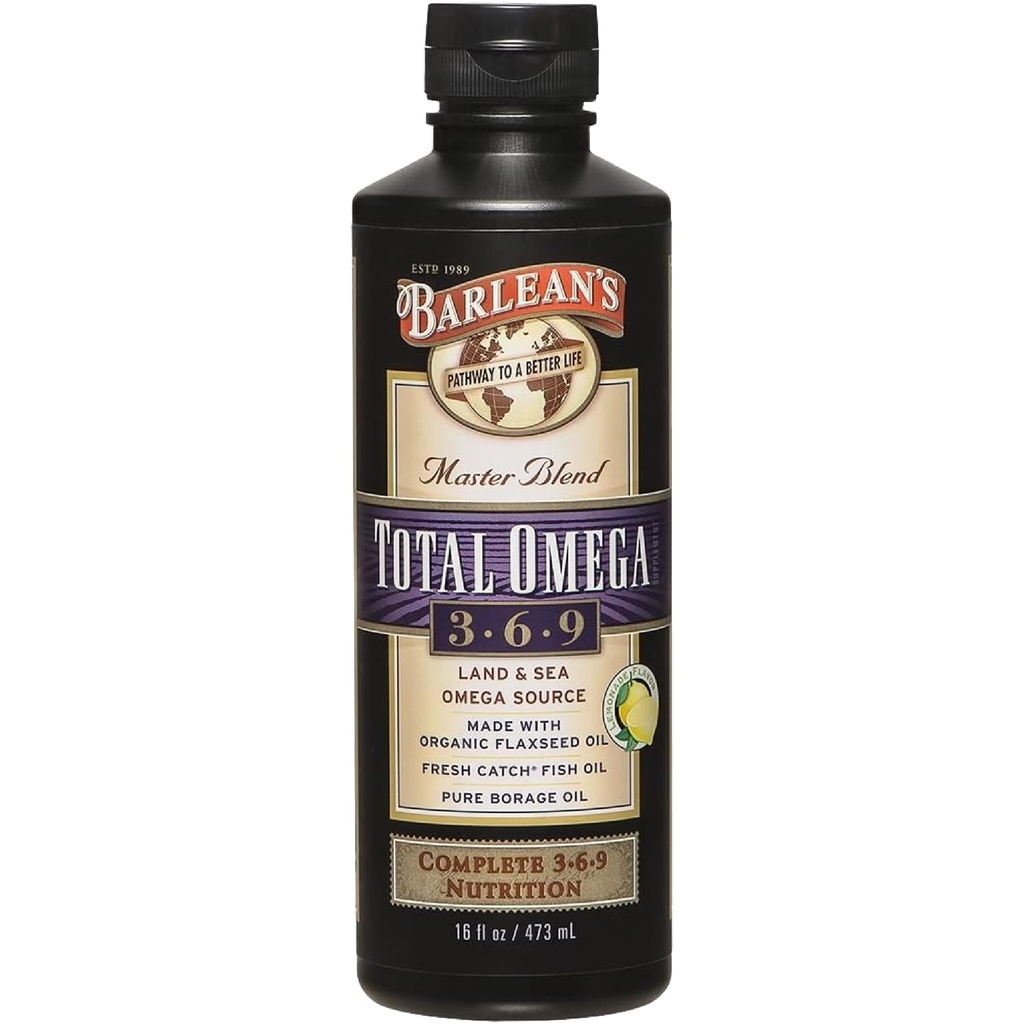 Integratore di olio di pesce liquido 3 6 9 di Barlean con Borage e olio di lino 6,468 mg di Omega EPA, DHA, ALA e GLA per la salute congiunta e cardiaca, 16 oz