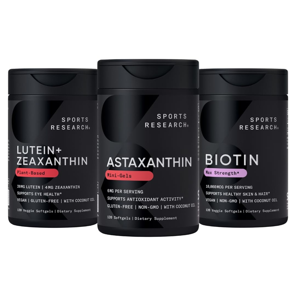 Ricerca sportiva Biotina (B7) 10.000 mcg + Luteina + Zeaxanthin (20mg) + Astaxantina Supplemento da Alghe (6mg) - Tutti Vegan | 120 Softgels Ogni | Tutto realizzato con olio di cocco per una migliore assorbimento