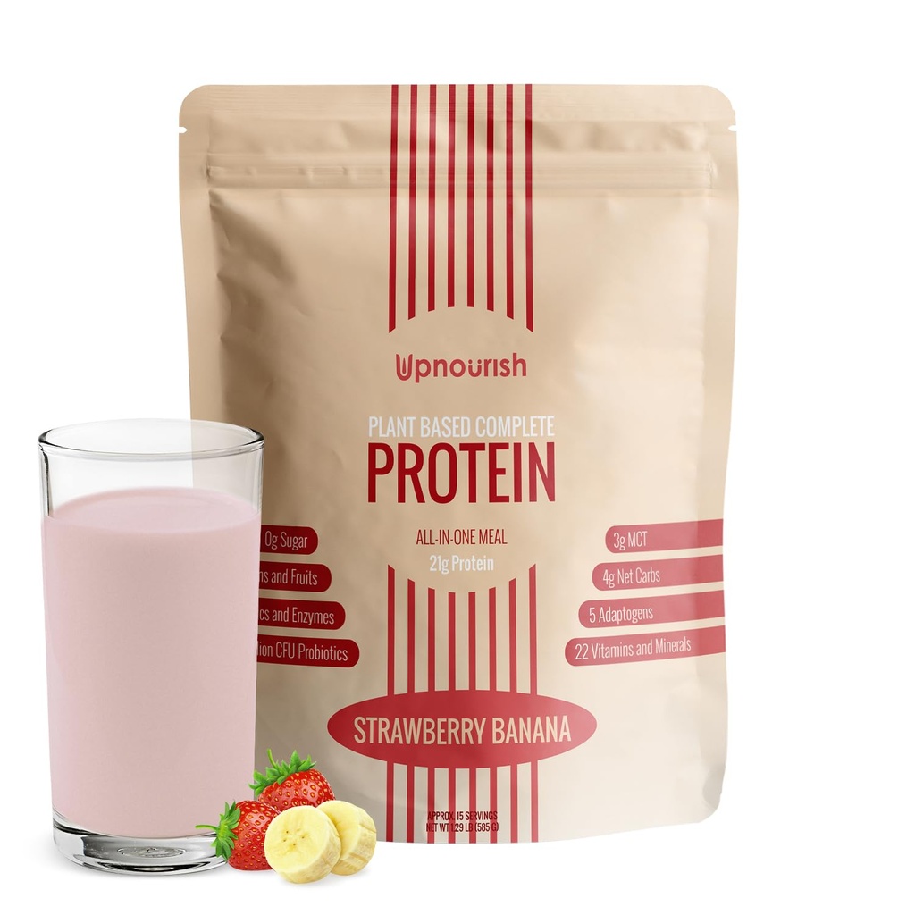 UpNourish Strawberry Banana Vegan Protein Powder 54 Superfoods Powder, 1,5 miliardi di CFU Probiotici 21g Proteine basate sulle piante, Nessun Latticinio senza zucchero Nessun OGM Dairy Free, Sostituzione del metallo Shake Keto-Friendly Bass-Carb Diet, 15 Servings