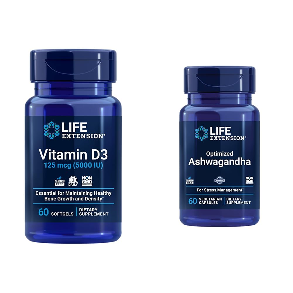 Estensione di vita Vitamina D3 5000 IU, Ashwagandha - Rilievo di stress, messa a fuoco, memoria, supporto per l'umore - Supplemento non OGM Bundle