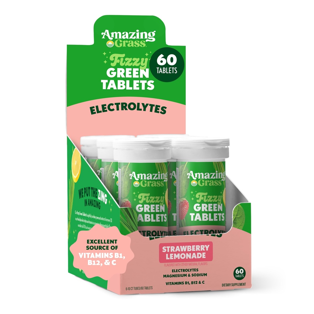 Stupefacente erba Electrolyte compresse, Fizzy Greens acqua aromaing Tablet con vitamine, Hydrate Strawberry Lemonade, 10 conte (Pack of 6) (Packaging May Vary)