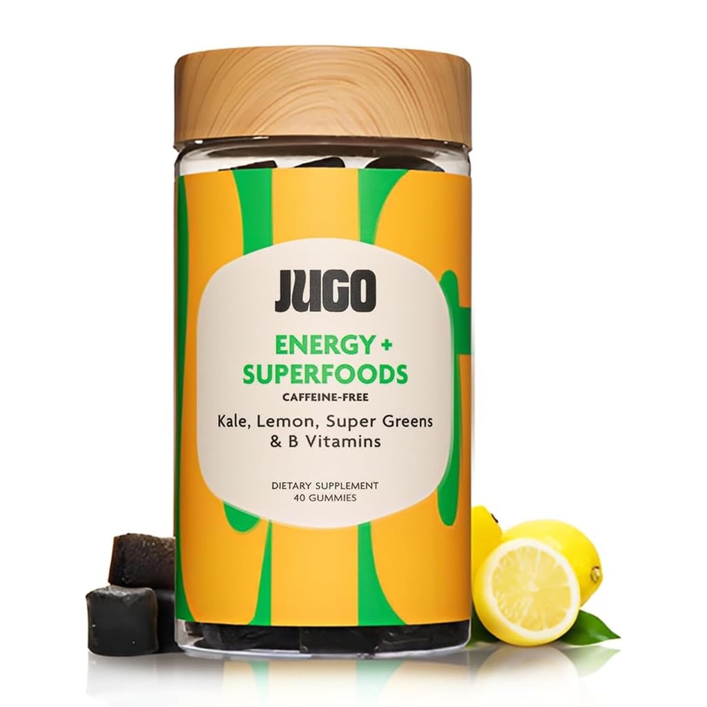 JUGO Energy + SUPERFOODS | Vitamina B12 Gummies con Kale & Super Greens | 40 Count Caffeine-Free Energy Gummies | Plant-Based, Gelatin-Free, Non-OGM, Made in USA