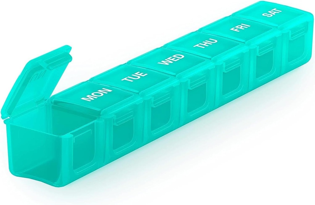 Sukuos Extra Large Weekly Pill Organizer, 7 giorni scatola di pillola quotidiana caso artrite amichevole, Silkscreen stampato contenitore di medicina con coperchio trasparente per vitamine, oli di pesce o integratori (Cyan)