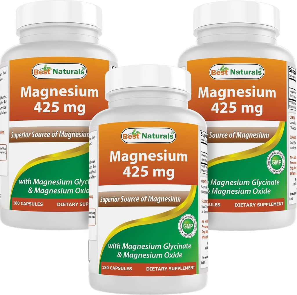 Best Naturals Magnesium 425 mg 180 capsule veggie - Alto assorbimento Magnesio Glycinate & Magnesio Ossido Chelato, Non OGM, Gluten Free Muscle Relax (180 Count (Pack of 3))