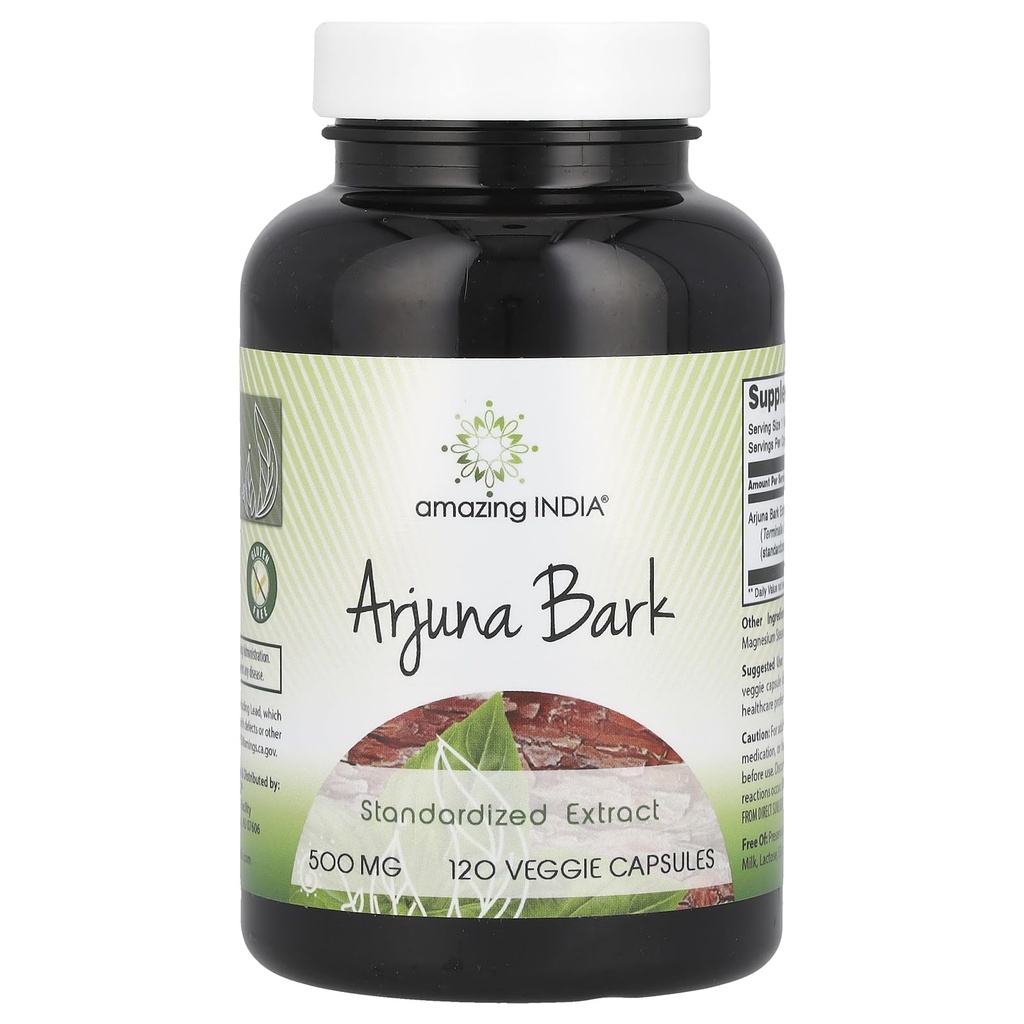 Incredibile India Arjuna Bark Extract Supplemento | 500 Mg | 120 Veggie Capsule | Non-GMO | Gluten Free | Made in USA