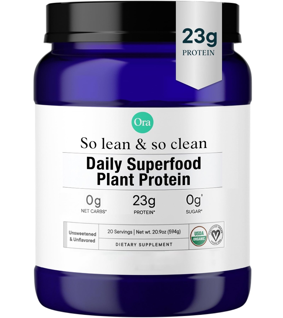 Ora Organic Vegan Protein Powder - 23g Plant Based Pea Protein + Superfood per le donne e gli uomini - non zuccherato e non aromatizzato - 20 Serve, No Erythritol, Keto-Friendly, Gluten-Free, Paleo, Soy-Free