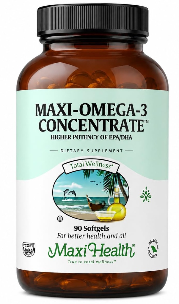 Maxi Salute Omega 3 Supplemento - Omega-3 Fish Oil Concentrate - Alta potenza Fonte di acidi grassi EPA/DHA - Cuore, cervello e salute comune - Kosher certificata Wild Caught Fish - 90 Vegetarian Softgels